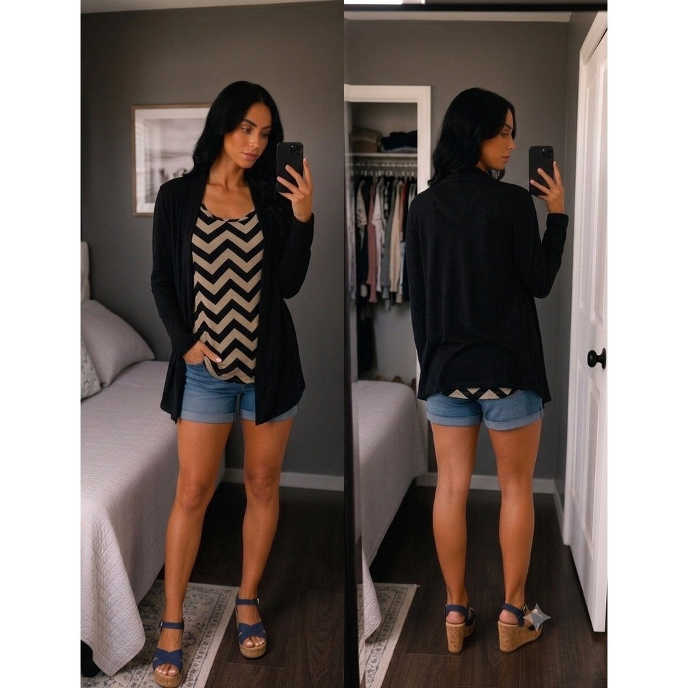 Poof Excellence Women Large Black‎ Open Front Long Sleeve Knitted Boho Cardigan